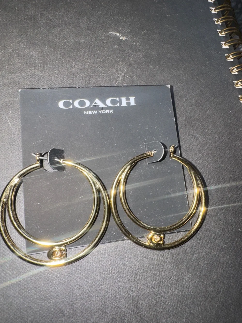 Coach Gold Double Circle Hoop Earrings with Logo Accent - Picture 2 of 2